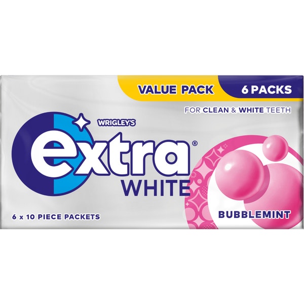 EXTRA White Bubblemint Chewing Gum Sugarfree Multipack 6 x 10 Pieces